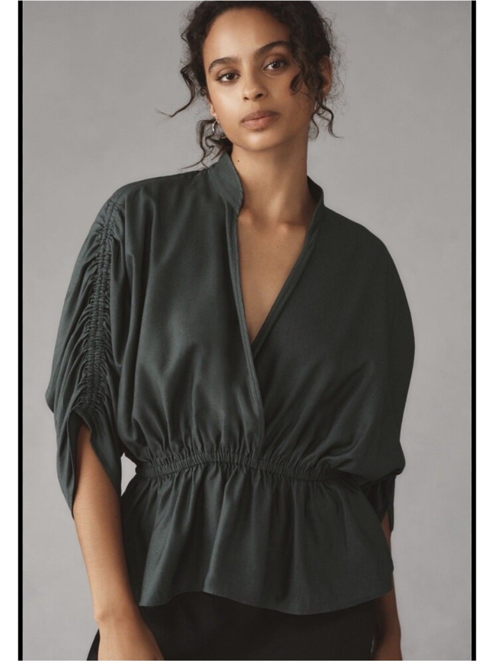 Anthropologie Maeve Short-Sleeve Ruched Peplum Blouse Dark Green XS
